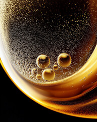 Wall Mural - abstract close up of liquid background, amber, glass bubbles, gold liquid gel sphere, molecules, ski