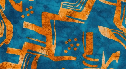 Poster - Abstract Batik Design: An artistic Batik design in orange and blue, its intricate patterns showcasing traditional wax-resist dyeing techniques. Evokes a feeling of artistic creativity and design.
