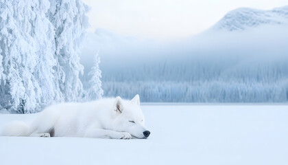  White dog sleeps peacefully in snowy landscape
