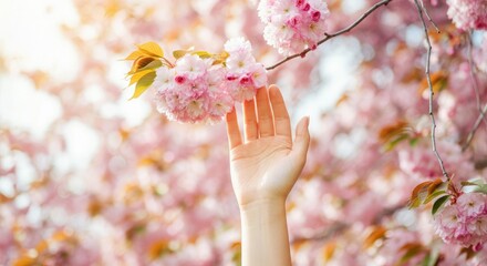 Wall Mural - hand reaching towards pink cherry blossoms on sunny day