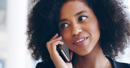 Aufkleber - Office, phone call and business black woman for contact, online discussion and talking. Corporate consultant, professional and person on smartphone for communication, networking and connection