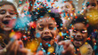© akbar - Happy multicultural group of kids having fun during a birthday party, surrounded by confetti and joyous celebrations.