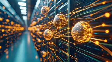Aufkleber - Futuristic Data Center with Glowing Nodes Depicting Digital Connectivity and Technology