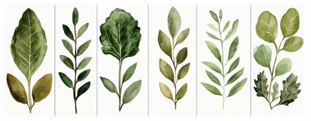 Aufkleber - Collection of Various Green Leafy Botanical Illustrations on a Light Background
