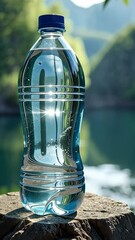 Poster - A bottle of water is sitting on a rock. The water is clear and the bottle is blue