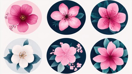 Poster - Six Vibrant Floral Illustrations on Dark Backgrounds for Creative Projects