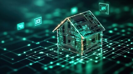 Leinwandbilder - Digital House Concept with Circuit Board Design and Futuristic Technology Elements