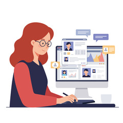 Poster - Woman working on computer with analytics in flat vector illustration