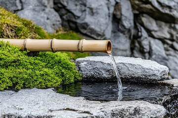 Wall Mural - bamboo fountain with water flowing gently into a stone basin, surrounded by moss and rocks, creating