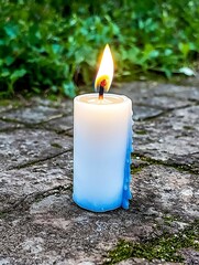 Wall Mural - A lit blue and white candle rests on a stone surface surrounded by green foliage, casting a warm glow in a tranquil outdoor setting. calming rhythms tranquility mindfulness concept