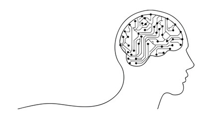 Poster - Abstract line art depicts a human head in profile, its brain illustrated as a circuit board. Represents AI, technology and cognitive processes.