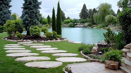 Wall Mural - Serene garden with stone pathway leading to a tranquil lake, surrounded by lush trees and vibrant greenery. calming rhythms tranquility mindfulness concept