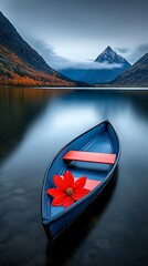 Wall Mural - a serene blue boat with a red flower floats on calm water, framed by majestic mountains and moody sk
