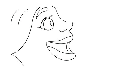 Poster - A black and white line drawing of a womans profile, showcasing a wide open mouth and happy expression. The style is simple and cartoonish. The womans hair is partially visible.