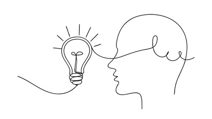 Poster - Singleline drawing of a light bulb and a persons head, symbolizing an idea, inspiration, or creative thought process. Minimalist and modern design.