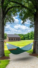 Wall Mural - A hammock hangs between two trees, set against a lush green field and a house under a bright blue sky with fluffy clouds. calming rhythms tranquility mindfulness concept