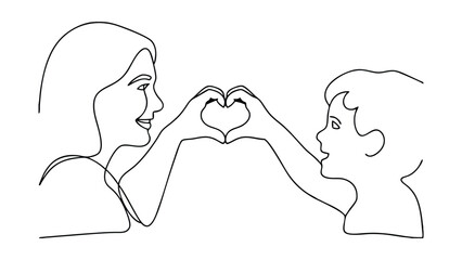 Poster - A minimalist line art drawing depicts a mother and child forming a heart shape with their hands, symbolizing love and affection. Simple, elegant, and evocative.
