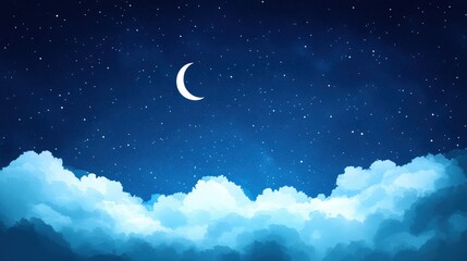 Poster - Tranquil Night Sky with Twinkling Stars and Serene Moon Over Soft Clouds