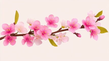 Aufkleber - Delicate Pink Cherry Blossom Branch with Soft Petals and Fresh Green Leaves