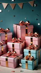 Aufkleber - A stack of pink boxes with bows on them. The boxes are arranged in a row. There are also some pink and blue boxes