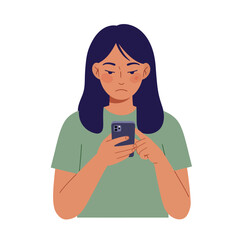 Poster - Person holding smartphone with neutral expression in flat vector art style