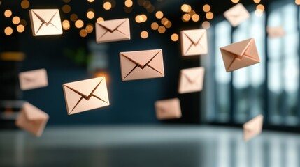 Poster - Floating 3D Email Icons with Bokeh Background in Modern Indoor Space