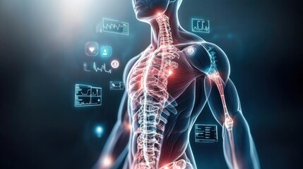 Poster - human body anatomy model with realistic skeleton and health monitoring visualization