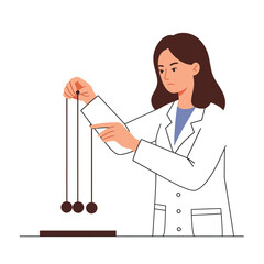 Poster - Scientist demonstrating Newtons Cradle with three balls in flat vector art style