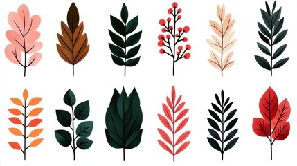 Poster - Vibrant Collection of Stylized Leaves and Berries on a Clean White Background