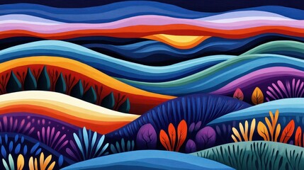 Poster - Vibrant Abstract Landscape with Colorful Waves and Organic Shapes in Bold Tones