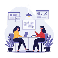 Poster - Two women collaborating at a table with digital devices in flat vector art