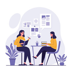 Poster - Two women discussing ideas in a modern office space flat vector illustration