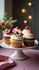 Poster - A white cake stand with five cupcakes on it. The cupcakes are decorated with frosting and cherries