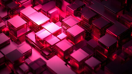 Poster - Futuristic Tech Wallpaper with Neatly Constructed Translucent Blocks. Hot Pink and Red, 3D Render.