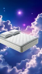 Poster - A white bed is floating in the sky. The bed is surrounded by clouds and stars. There are two pillows on the bed