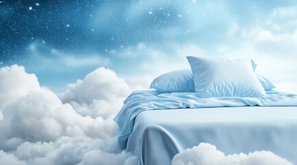 Wall Mural - bed with pillows and a blue comforter is shown with a blue sky and clouds
