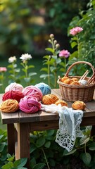 Poster - A basket of yarn is on a table next to a white cloth. The yarn is in various colors and is arranged in a neat pile