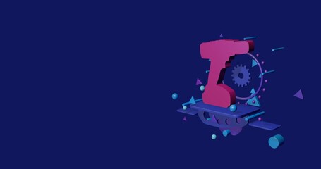 Poster - Pink electric screwdriver symbol on a pedestal of abstract geometric shapes floating in the air. Abstract concept art with flying shapes on the right. 3d illustration on indigo background