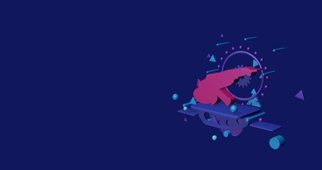 Poster - Pink angle grinder symbol on a pedestal of abstract geometric shapes floating in the air. Abstract concept art with flying shapes on the right. 3d illustration on indigo background
