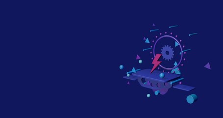 Poster - Pink lightning symbol on a pedestal of abstract geometric shapes floating in the air. Abstract concept art with flying shapes on the right. 3d illustration on indigo background