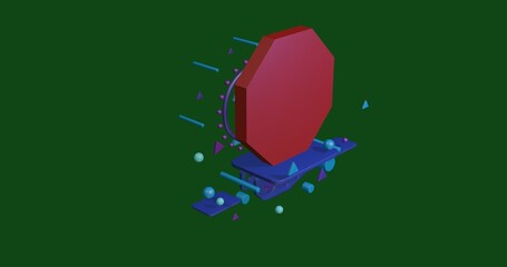 Poster - red octagon symbol on a pedestal of abstract geometric shapes floating in the air. abstract concept 