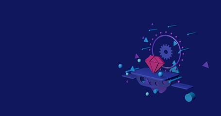 Poster - Pink diamond symbol on a pedestal of abstract geometric shapes floating in the air. Abstract concept art with flying shapes on the right. 3d illustration on indigo background