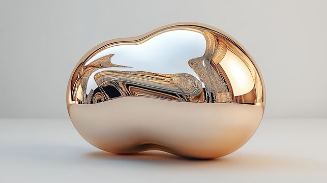 Abstract Gold Metallic Sculpture Smooth Irregular Shape on Light Background