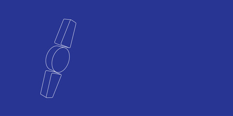 Poster - The outline of a large wristwatch symbol made of white lines on the left. 3D view of the object in perspective. Vector illustration on indigo background
