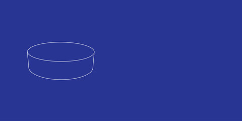 Poster - The outline of a large hockey puck made of white lines on the left. 3D view of the object in perspective. Vector illustration on indigo background