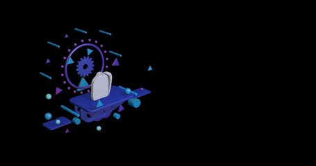 Poster - White school bag symbol on a pedestal of abstract geometric shapes floating in the air. Abstract concept art with flying shapes on the left. 3d illustration on black background