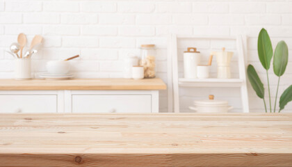 Wall Mural - empty wooden table for product display with blurred bright white interior of kitchen as background