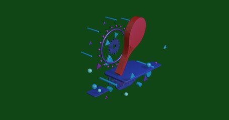 Poster - Red tennis racket symbol on a pedestal of abstract geometric shapes floating in the air. Abstract concept art with flying shapes in the center. 3d illustration on green background