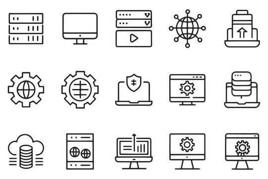 Information technology related editable stroke outline icon set flat vector illustration.