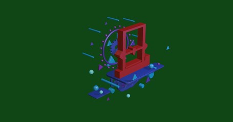 Poster - Red 3D printer symbol on a pedestal of abstract geometric shapes floating in the air. Abstract concept art with flying shapes in the center. 3d illustration on green background